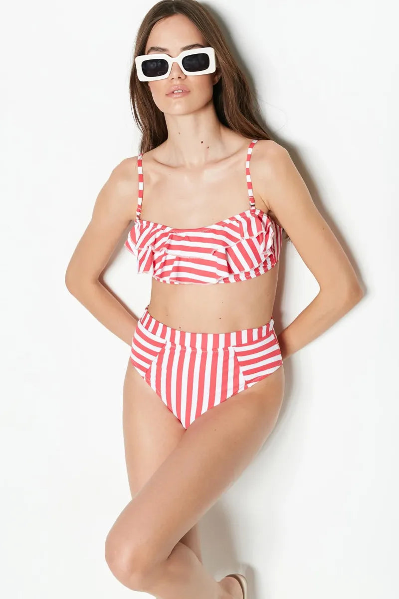 Qiuhdo Women High Waist Bikini Set Color Block Striped Ribbed Two